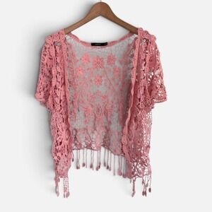 Vertigo Paris Cotton Crochet Knit Fringe Kimono Open Cardigan Peach Pink L/XL